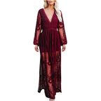 Women’s Lace Maxi Dress with Split Hem and Sheer Overlay