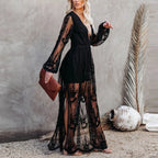 Women’s Lace Maxi Dress with Split Hem and Sheer Overlay