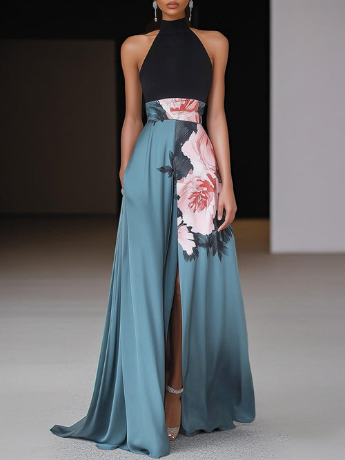 Janelle™ | Black Slit Floral Classic Crew Neck Sleeveless A-Line Maxi Dress 1
