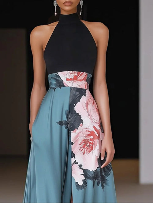 Janelle™ | Black Slit Floral Classic Crew Neck Sleeveless A-Line Maxi Dress 2