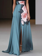 Janelle™ | Black Slit Floral Classic Crew Neck Sleeveless A-Line Maxi Dress 3