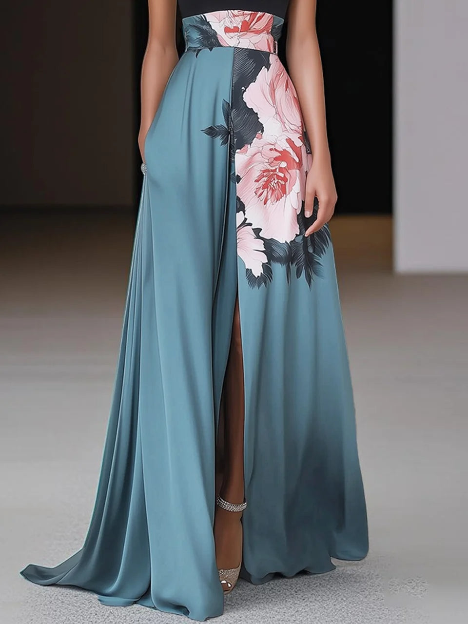 Janelle™ | Black Slit Floral Classic Crew Neck Sleeveless A-Line Maxi Dress 3