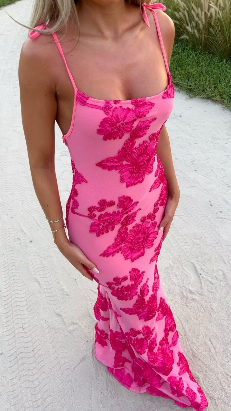 Women’s Floral Jacquard Maxi Dress with Corset Bodice and Slim Straps
