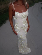 Women’s Floral Jacquard Maxi Dress with Corset Bodice and Slim Straps