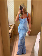 Women’s Floral Jacquard Maxi Dress with Corset Bodice and Slim Straps