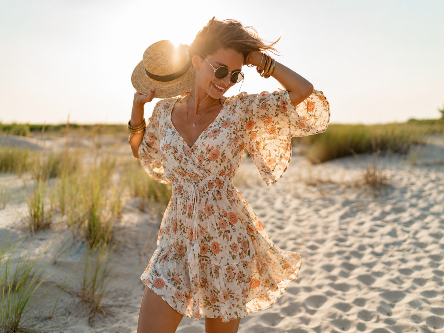 Woman photoshoot beach in summer dress