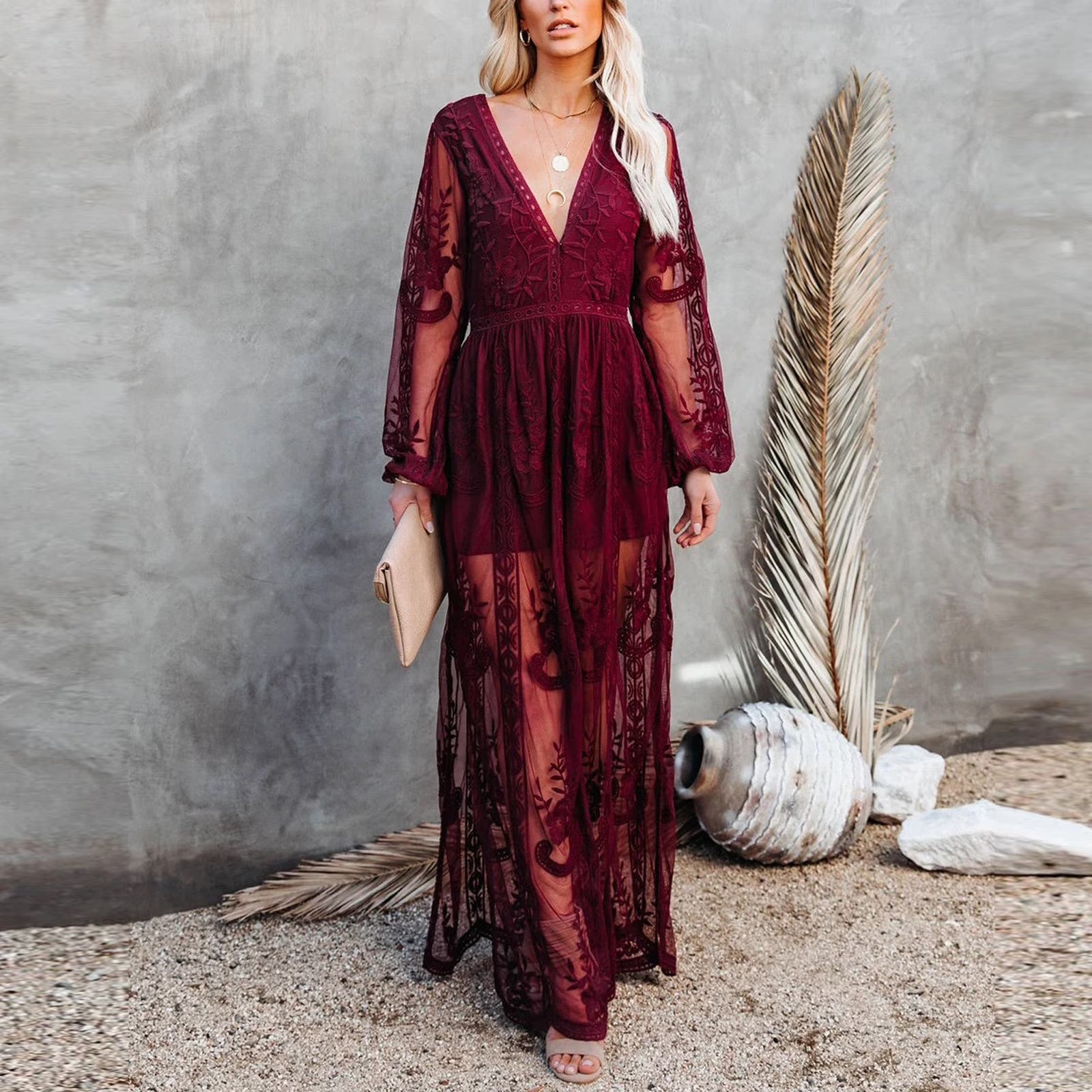 Women’s Lace Maxi Dress with Split Hem and Sheer Overlay