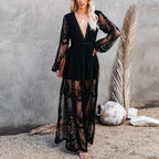 Women’s Lace Maxi Dress with Split Hem and Sheer Overlay