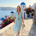 Women's 3/4 Sleeve Tiered Midi Dress with Side Pockets and Tassel Neckline 1