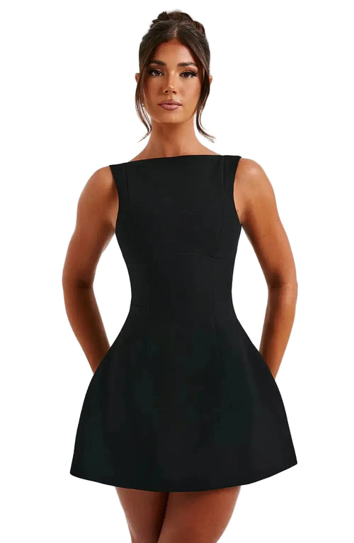 Women's A-Line Mini Dress with Boat Neckline and Sleeveless Design 1