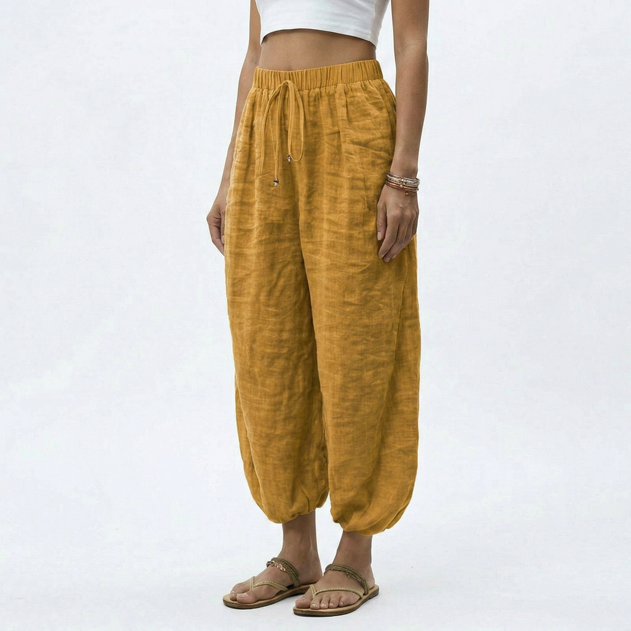 Women's Ankle Length Wide Leg Trousers with Drawstring Waist 1