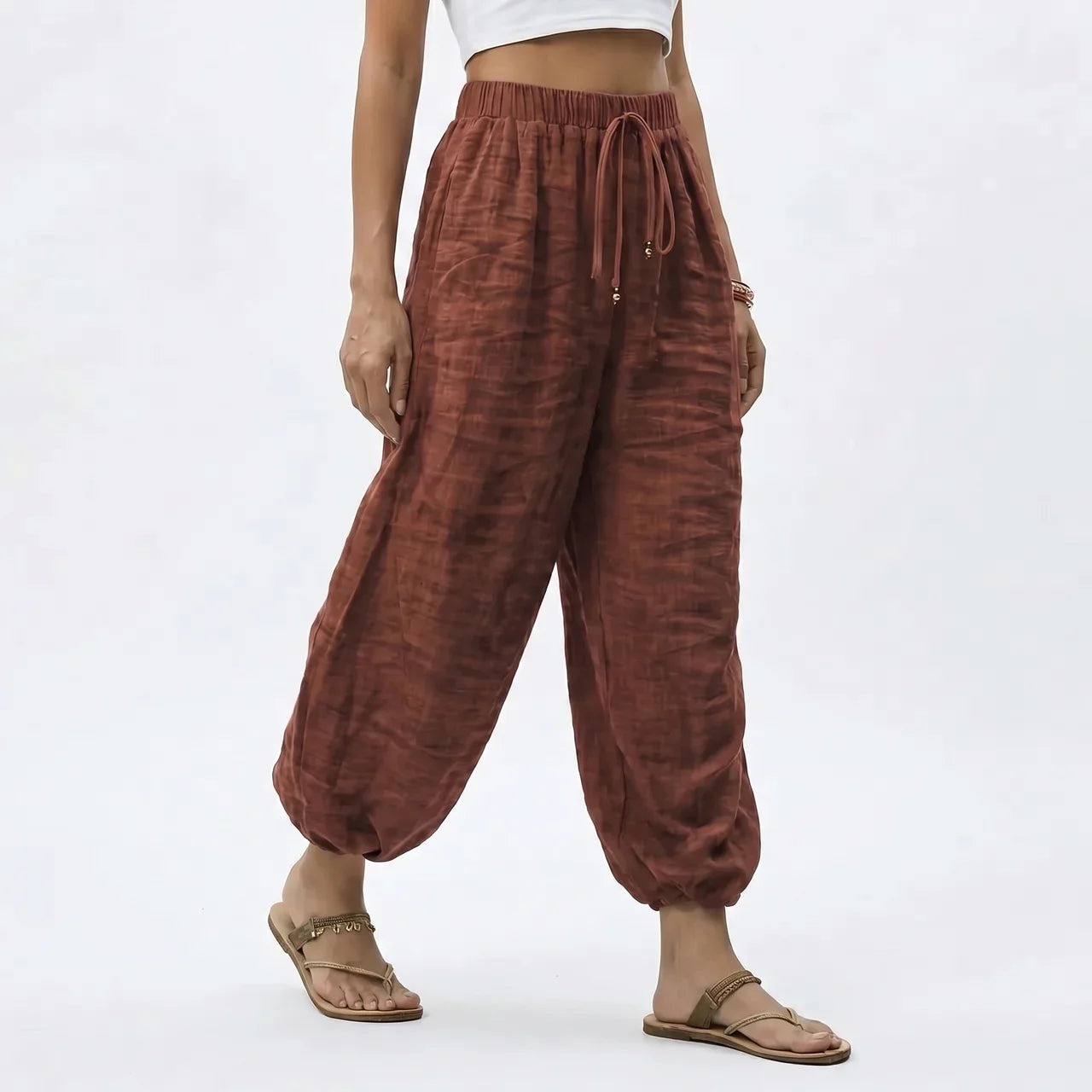 Women's Ankle Length Wide Leg Trousers with Drawstring Waist 10