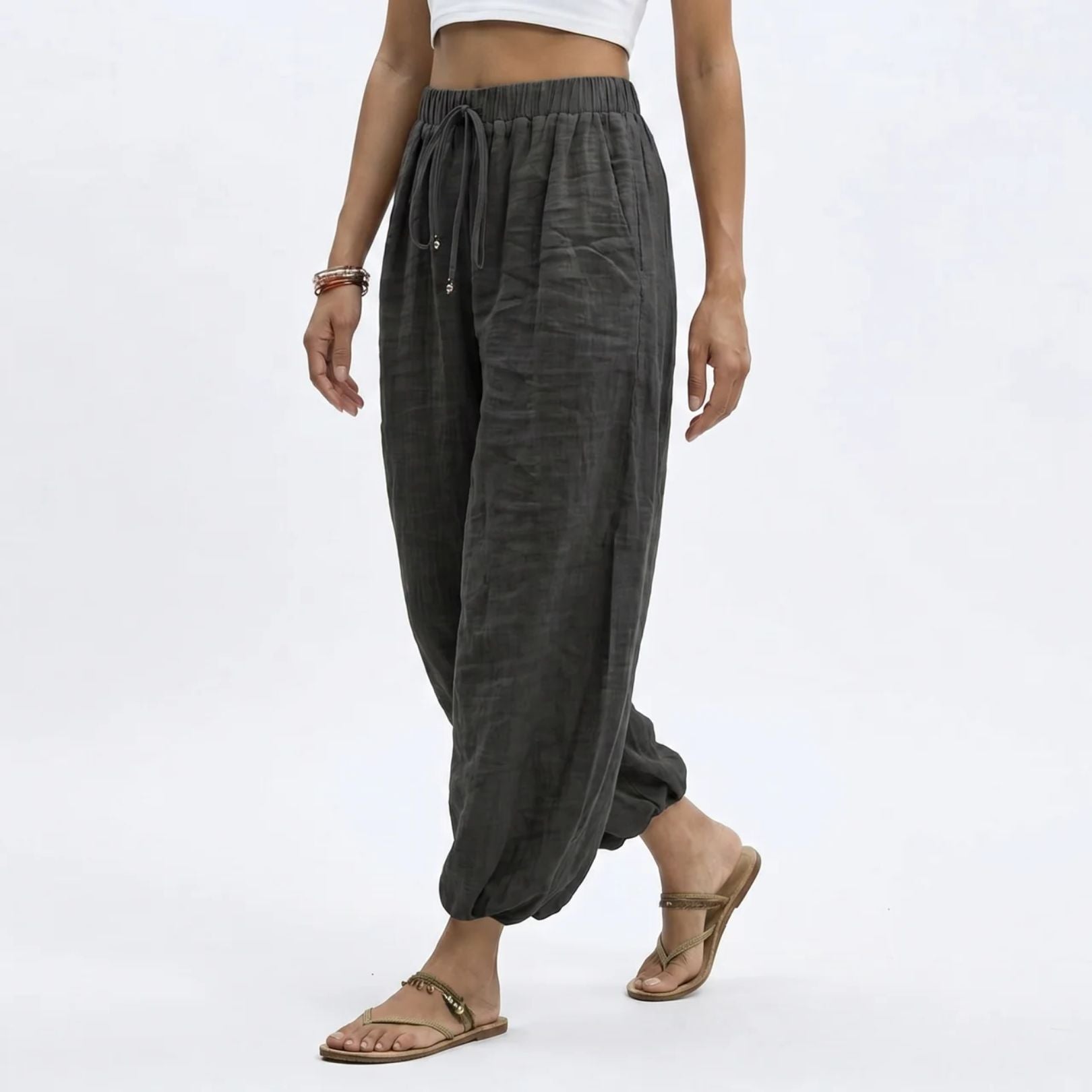 Women's Ankle Length Wide Leg Trousers with Drawstring Waist 11