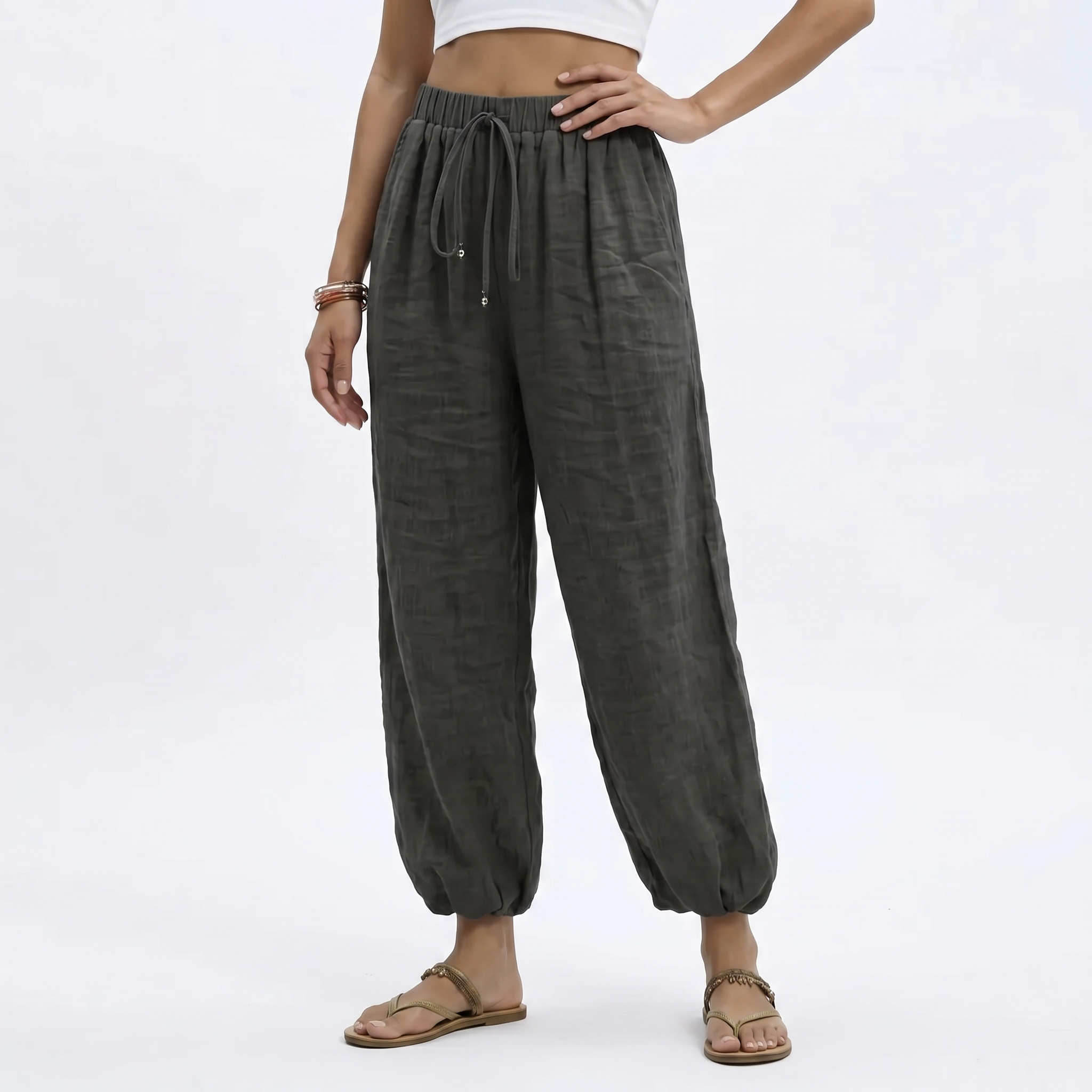 Women's Ankle Length Wide Leg Trousers with Drawstring Waist 13