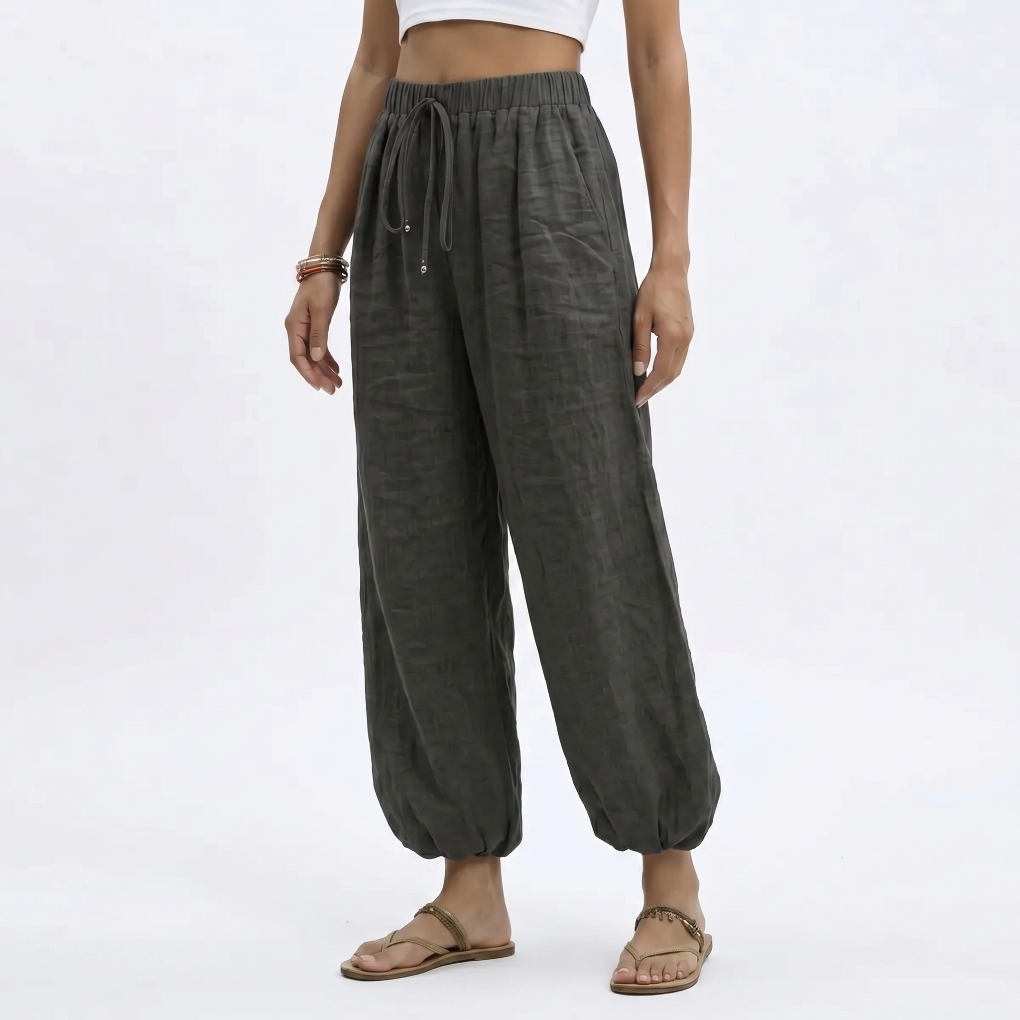 Women's Ankle Length Wide Leg Trousers with Drawstring Waist 14