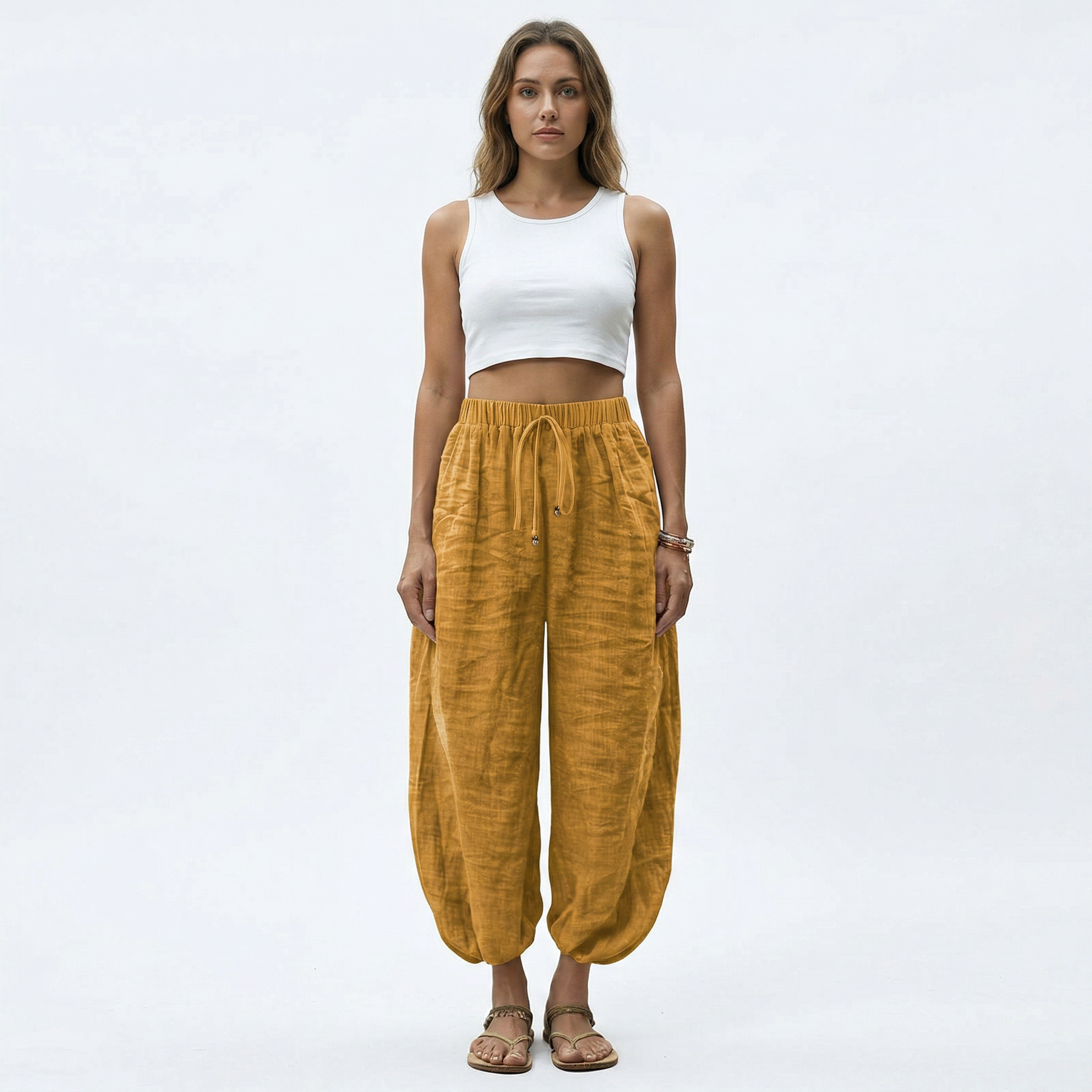 Women's Ankle Length Wide Leg Trousers with Drawstring Waist 4