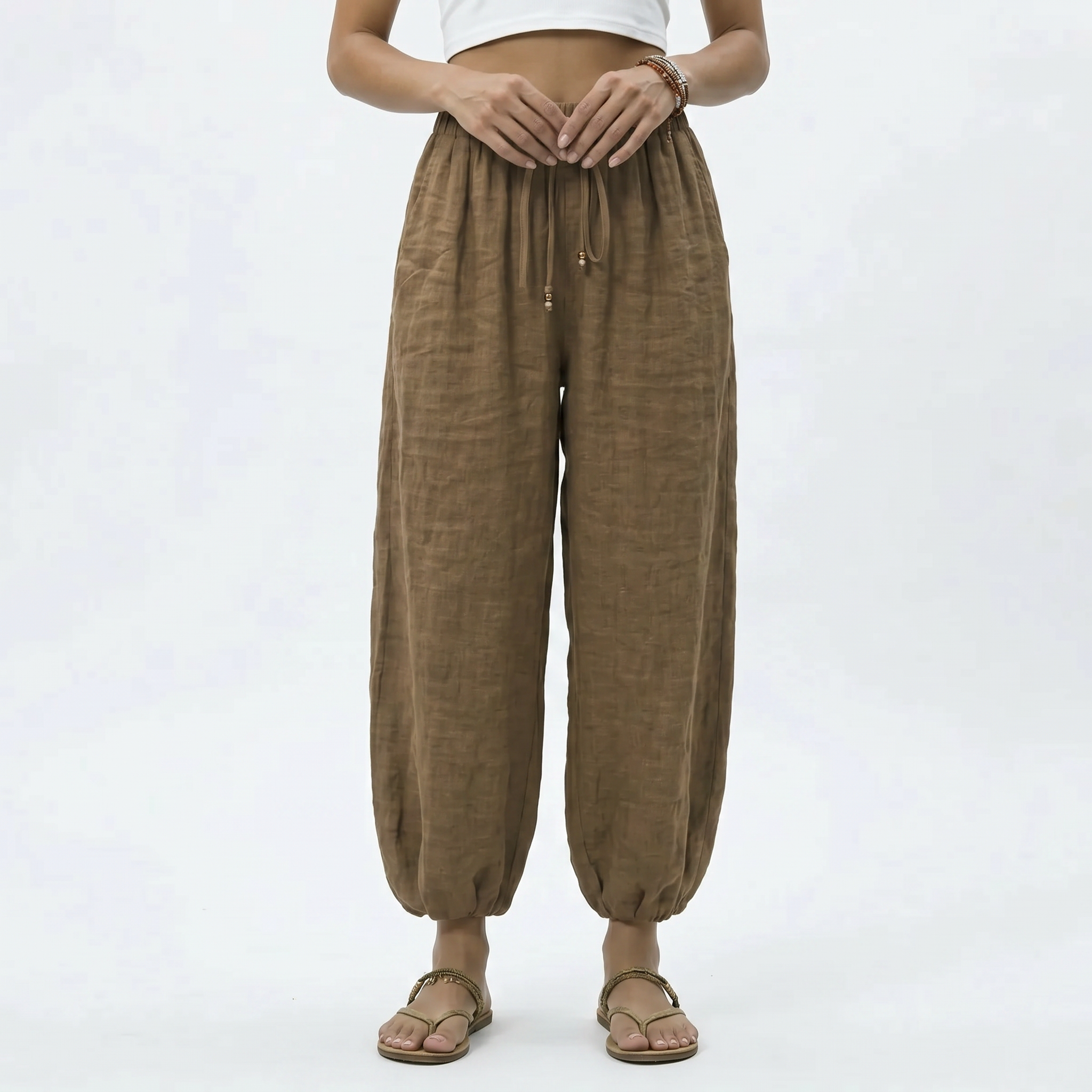 Women's Ankle Length Wide Leg Trousers with Drawstring Waist 5
