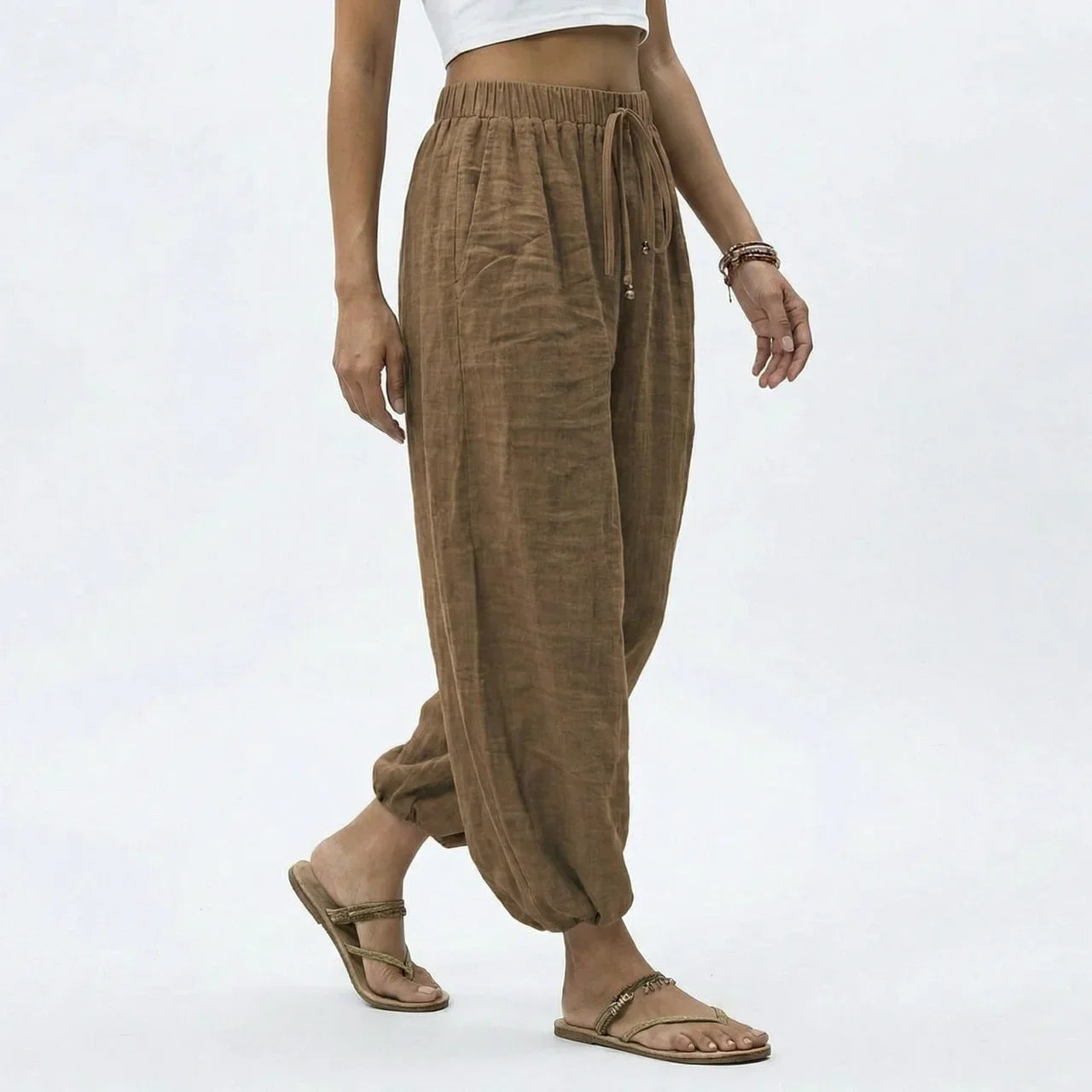 Women's Ankle Length Wide Leg Trousers with Drawstring Waist 6