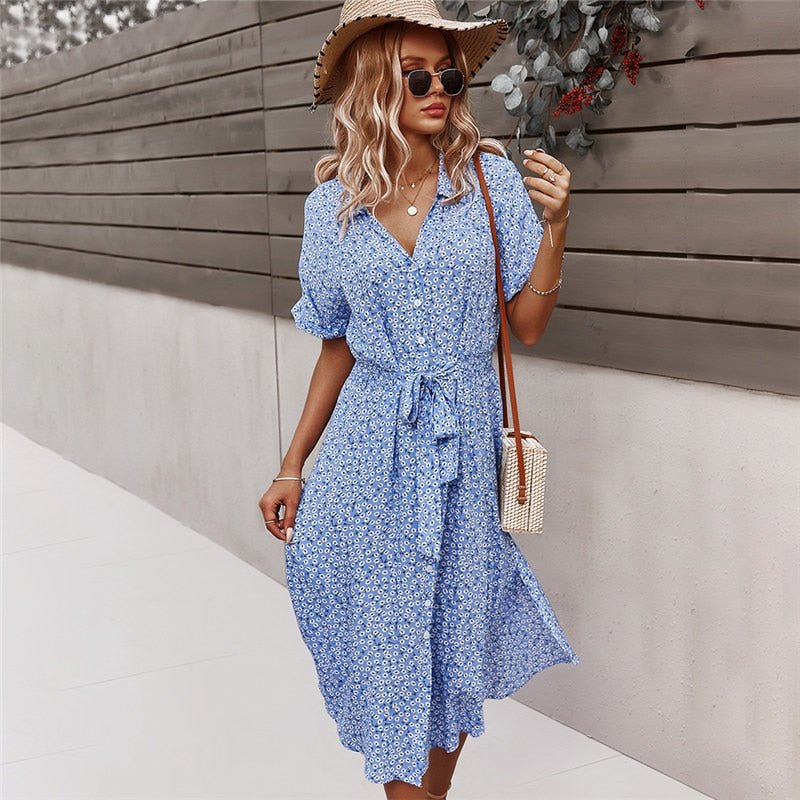 Women's Belted Midi Dress with Floral Print 11