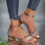 Women's Black Metallic Strap Sandals with Block Heel 5