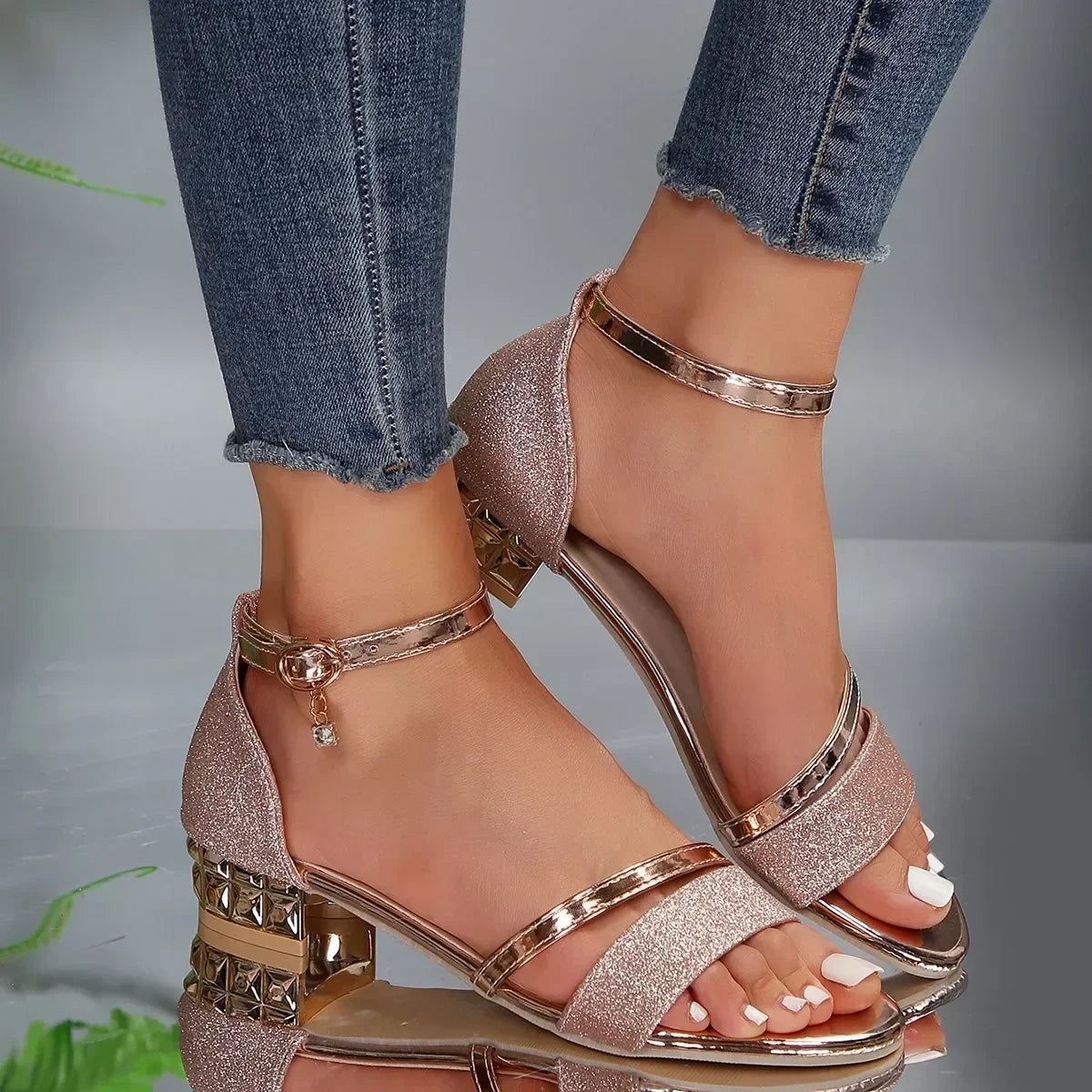 Women's Black Metallic Strap Sandals with Block Heel 5