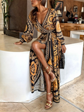Women's Bohemian Maxi Dress with Golden Floral Print and High Slit 1