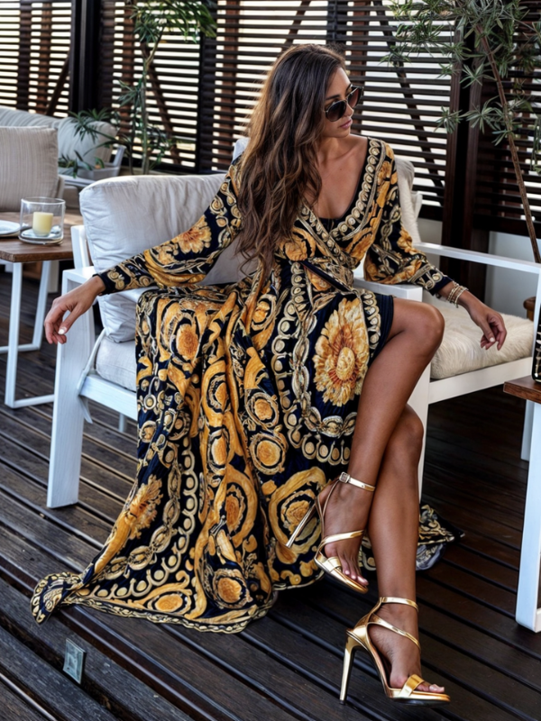 Women's Bohemian Maxi Dress with Golden Floral Print and High Slit 3