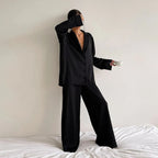 Women's Button-Down Shirt and Wide-Leg Pants Two-Piece Sleepwear Set 1