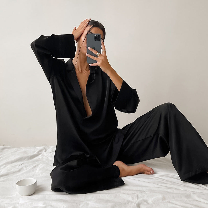 Women's Button-Down Shirt and Wide-Leg Pants Two-Piece Sleepwear Set 2