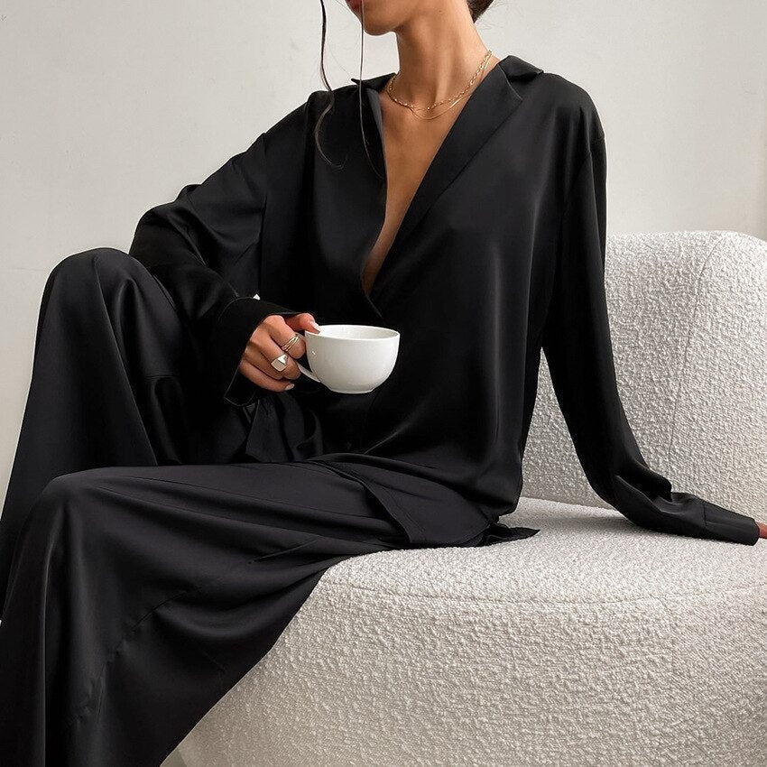 Women's Button-Down Shirt and Wide-Leg Pants Two-Piece Sleepwear Set 3