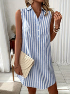 Women's Button-Front Mini Shirt Dress with Collar and Striped Pattern 1