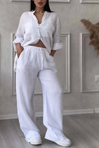 Women's Button-Up Long Sleeve Shirt and Wide Leg Trouser Two-Piece Set 1