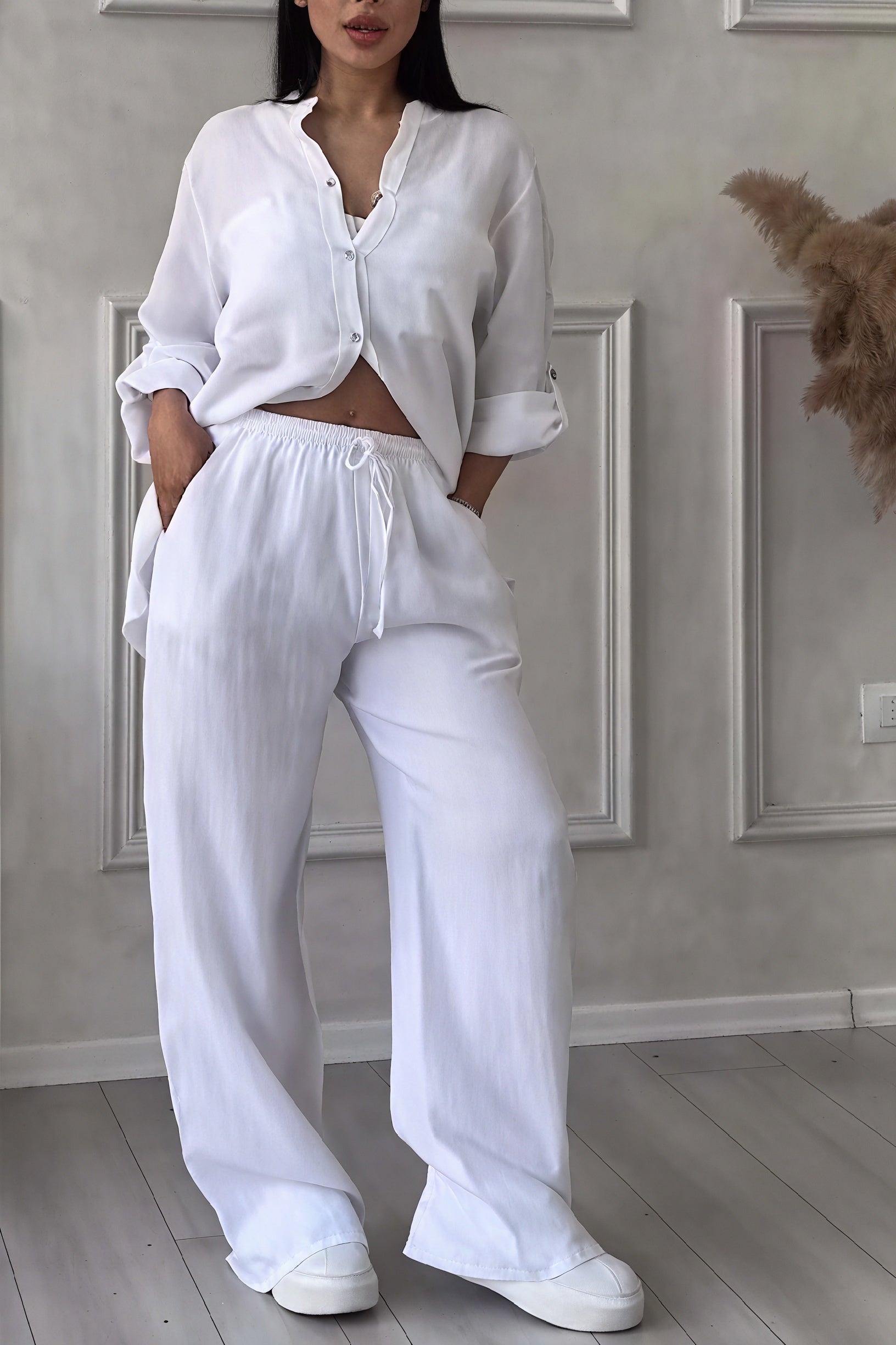 Women's Button-Up Long Sleeve Shirt and Wide Leg Trouser Two-Piece Set 1