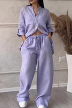 Women's Button-Up Long Sleeve Shirt and Wide Leg Trouser Two-Piece Set 10