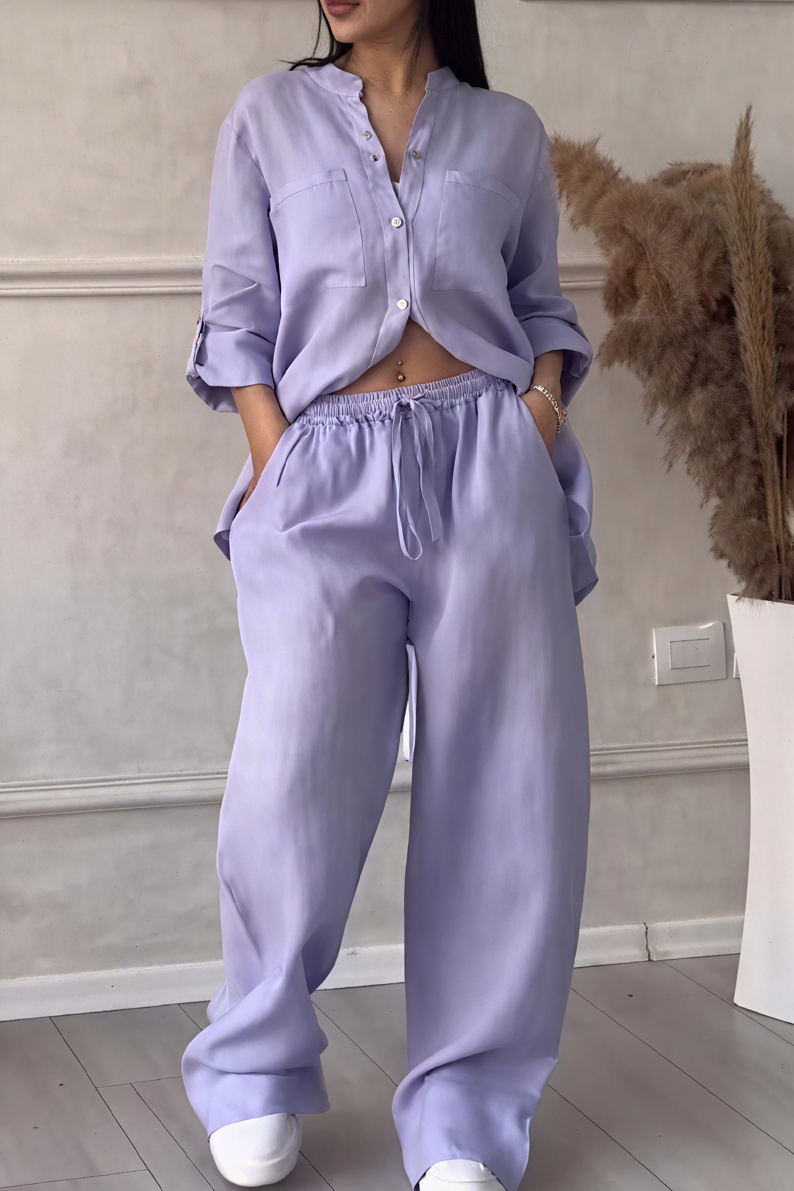 Women's Button-Up Long Sleeve Shirt and Wide Leg Trouser Two-Piece Set 10