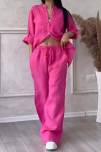 Women's Button-Up Long Sleeve Shirt and Wide Leg Trouser Two-Piece Set 11