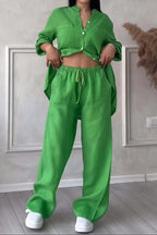 Women's Button-Up Long Sleeve Shirt and Wide Leg Trouser Two-Piece Set 12