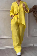Women's Button-Up Long Sleeve Shirt and Wide Leg Trouser Two-Piece Set 2