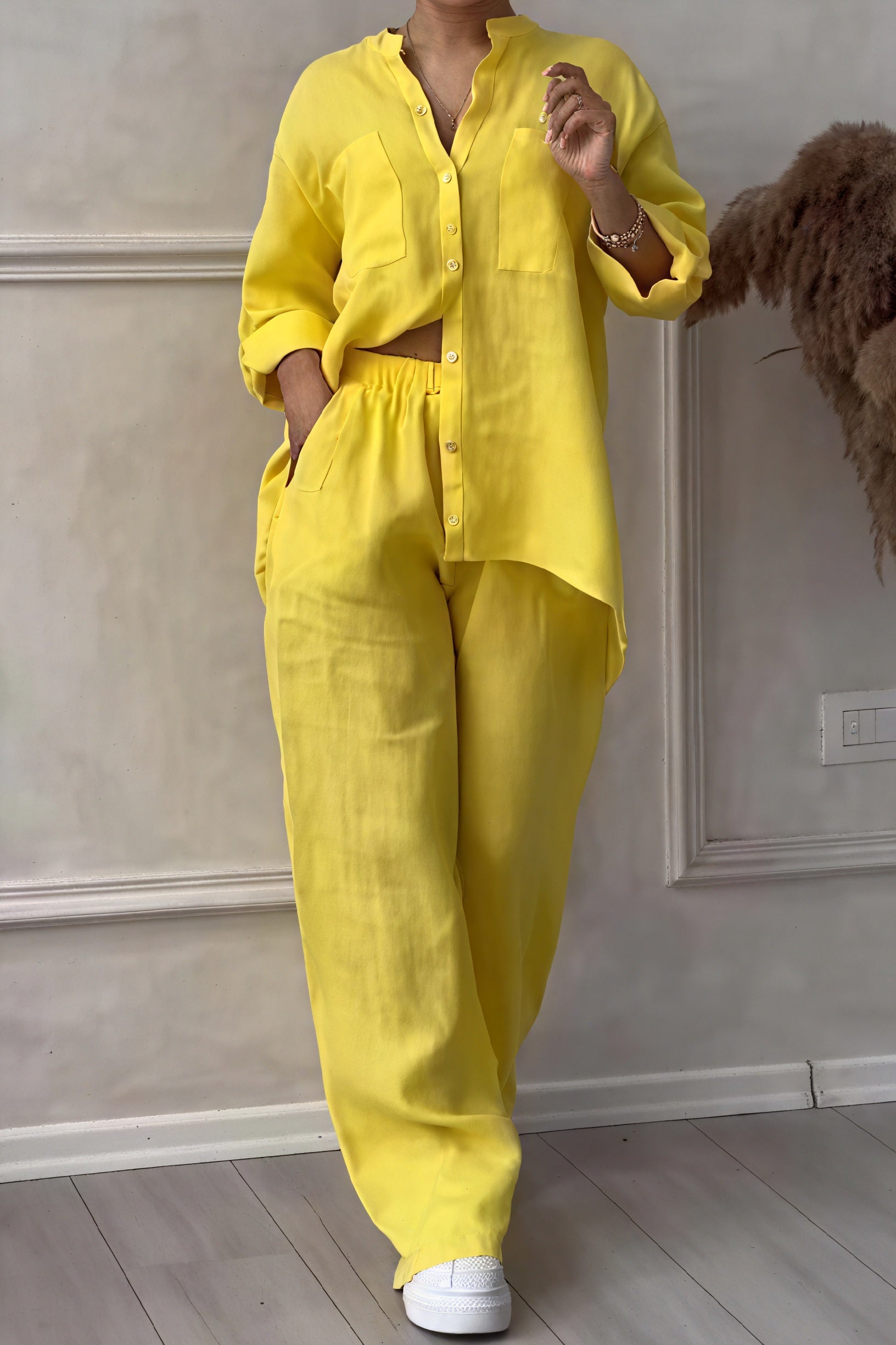 Women's Button-Up Long Sleeve Shirt and Wide Leg Trouser Two-Piece Set 2