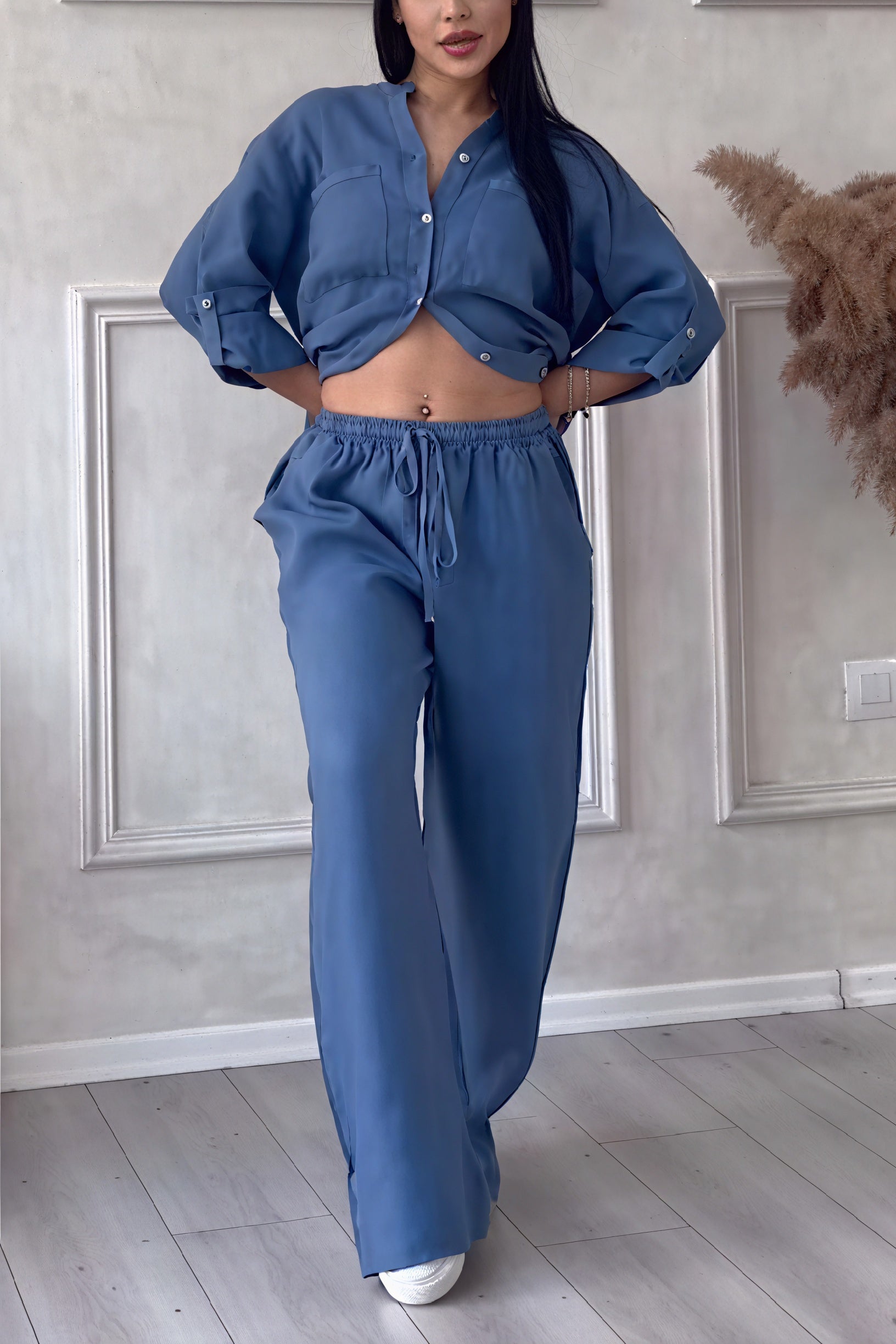Women's Button-Up Long Sleeve Shirt and Wide Leg Trouser Two-Piece Set 3
