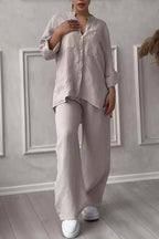 Women's Button-Up Long Sleeve Shirt and Wide Leg Trouser Two-Piece Set 4