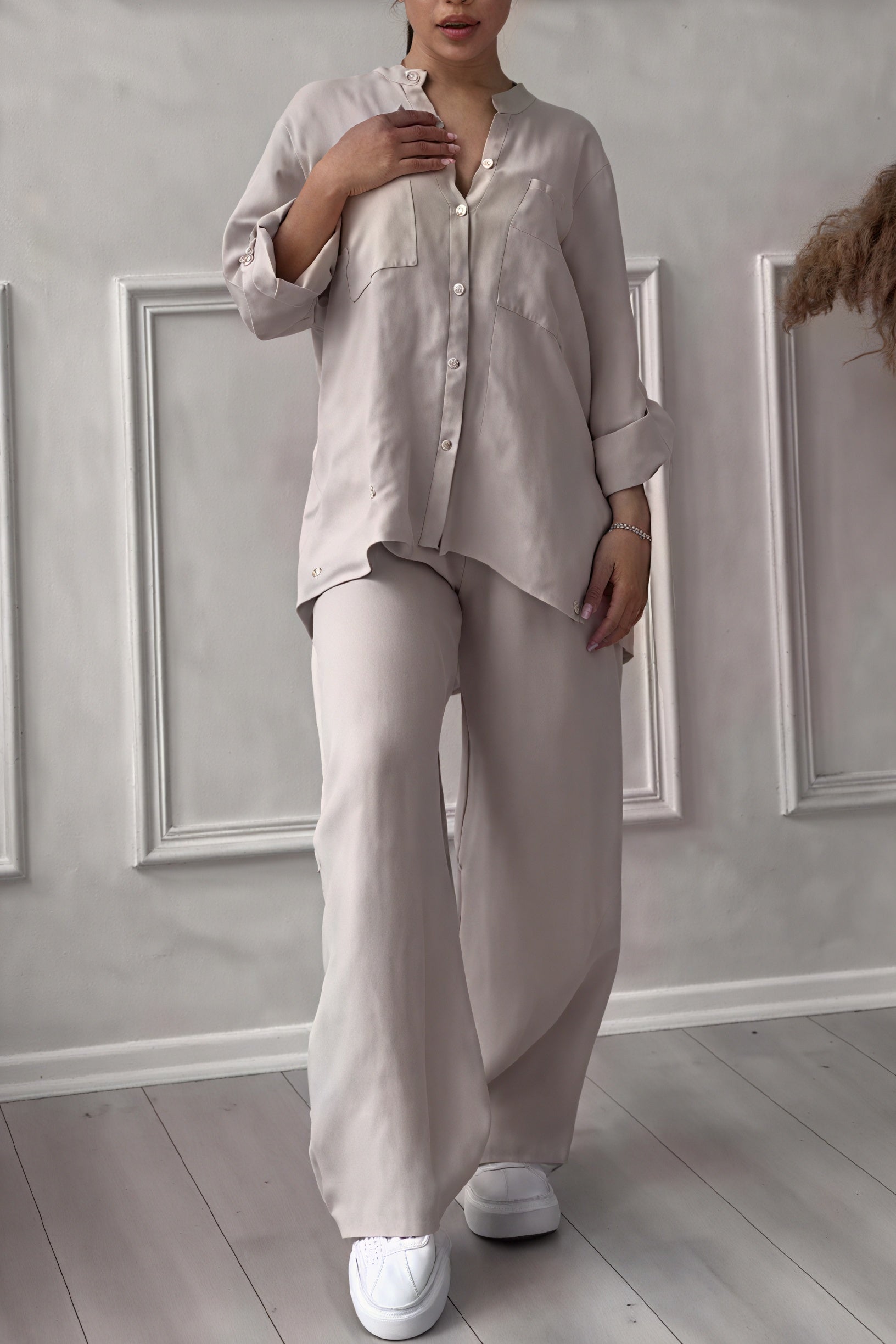 Women's Button-Up Long Sleeve Shirt and Wide Leg Trouser Two-Piece Set 4