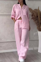 Women's Button-Up Long Sleeve Shirt and Wide Leg Trouser Two-Piece Set 5