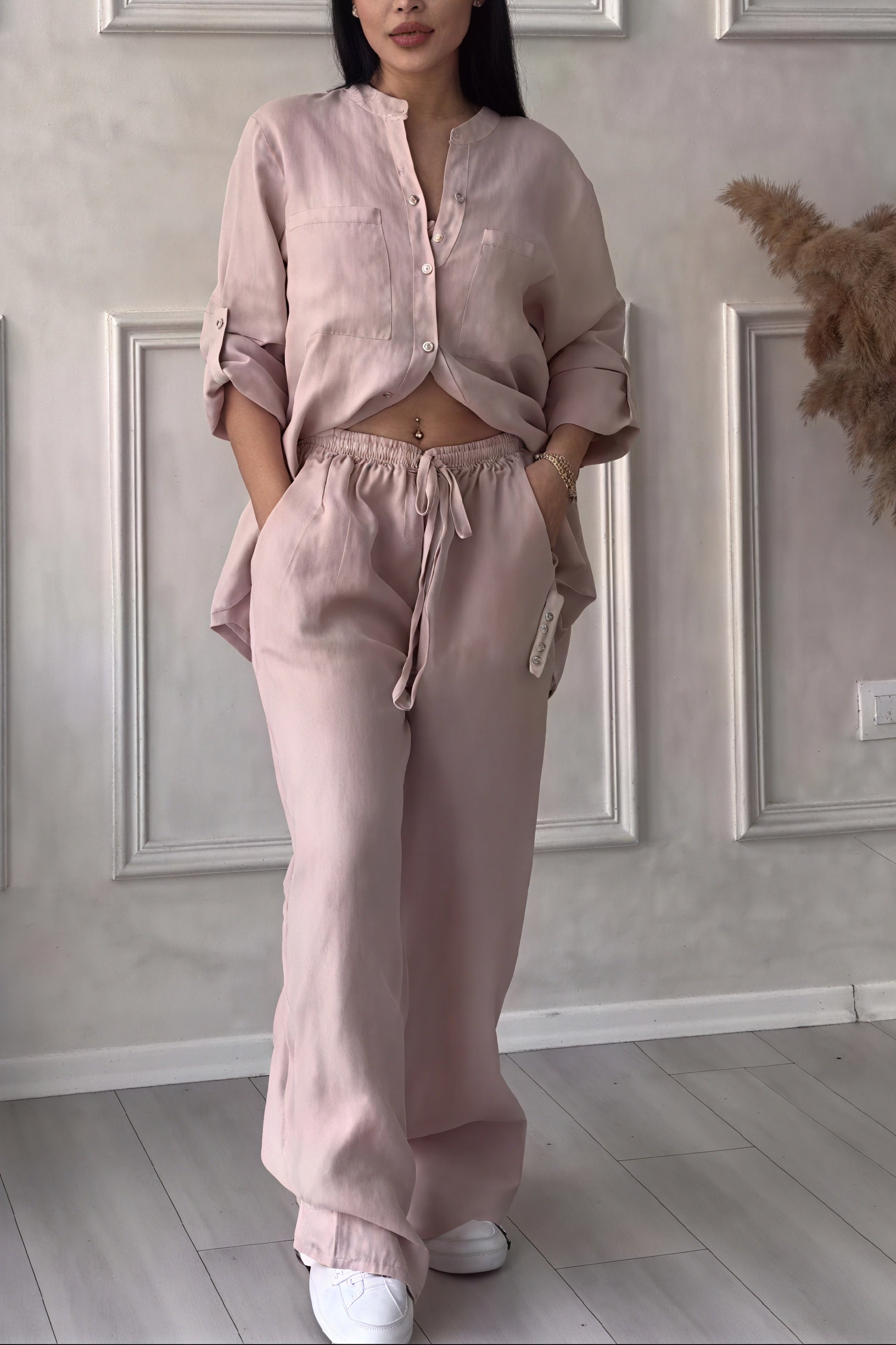 Women's Button-Up Long Sleeve Shirt and Wide Leg Trouser Two-Piece Set 6