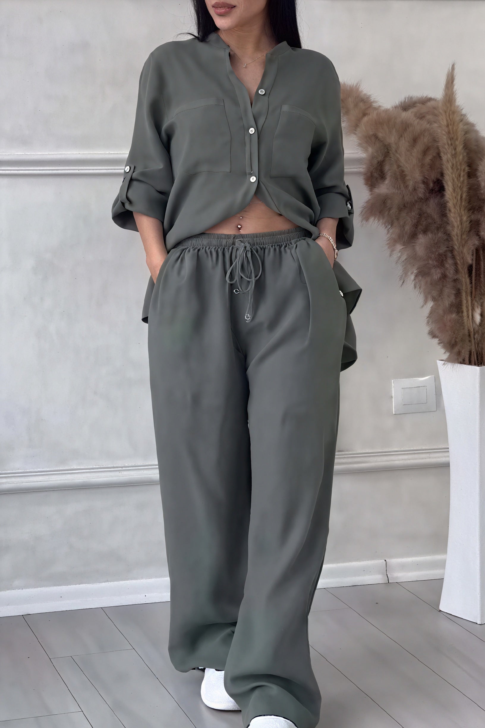 Women's Button-Up Long Sleeve Shirt and Wide Leg Trouser Two-Piece Set 7