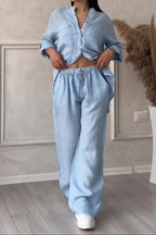 Women's Button-Up Long Sleeve Shirt and Wide Leg Trouser Two-Piece Set 8