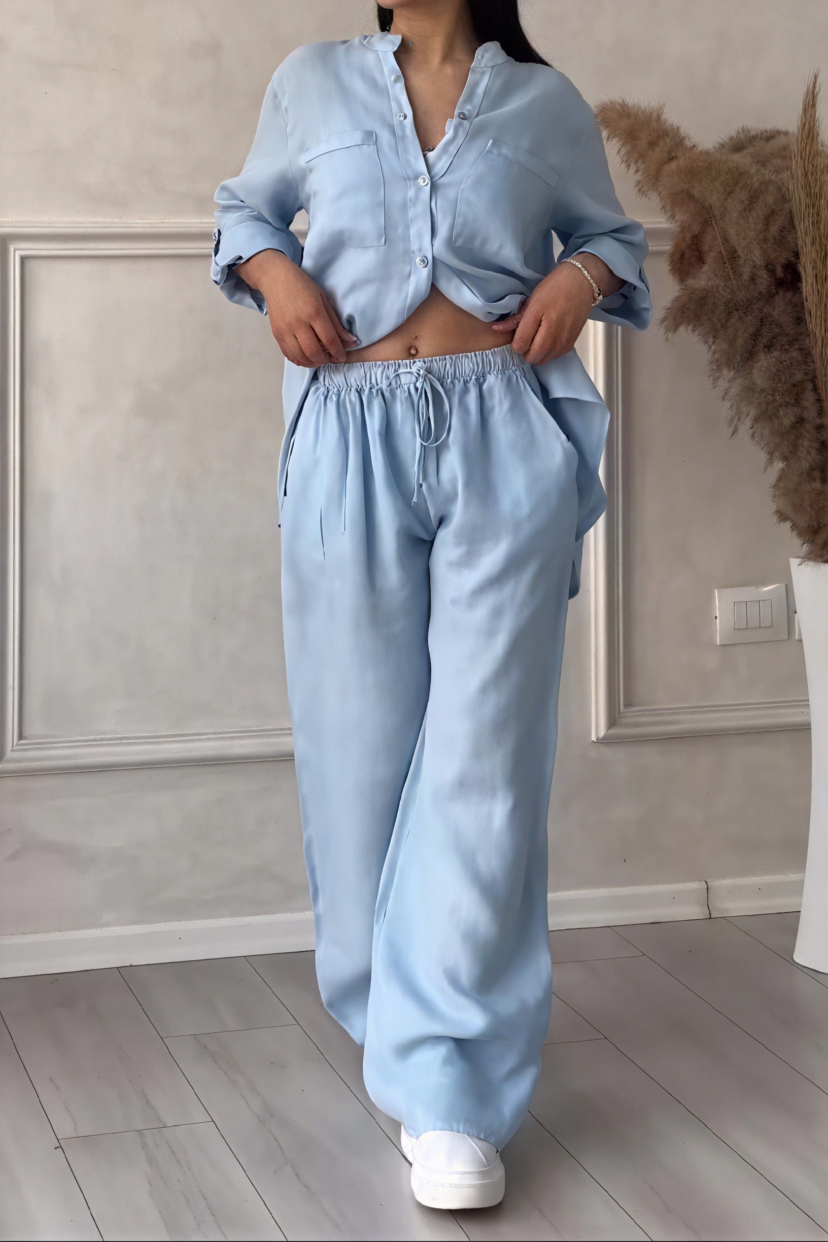 Women's Button-Up Long Sleeve Shirt and Wide Leg Trouser Two-Piece Set 8