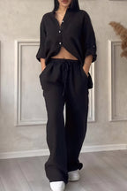 Women's Button-Up Long Sleeve Shirt and Wide Leg Trouser Two-Piece Set 9