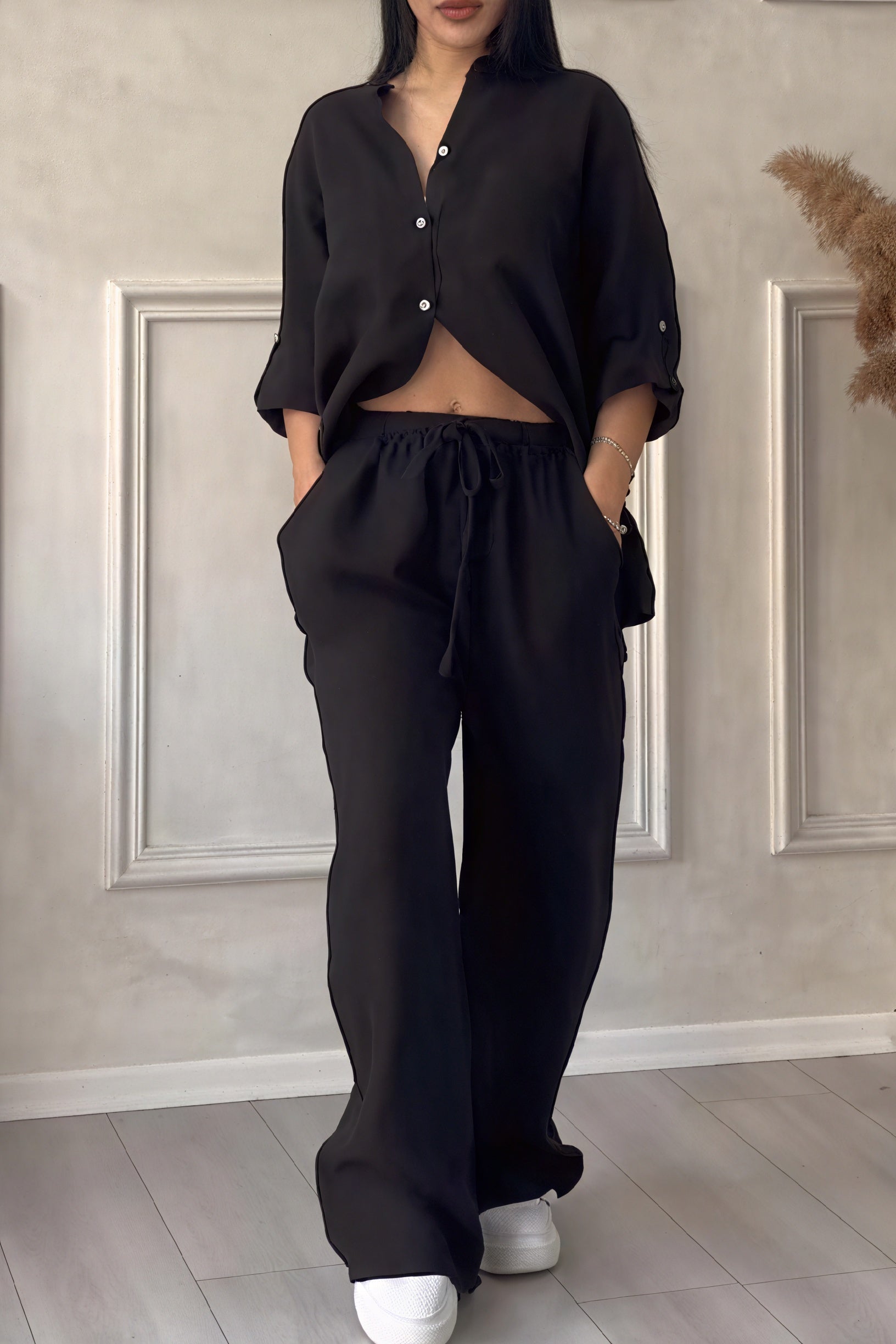 Women's Button-Up Long Sleeve Shirt and Wide Leg Trouser Two-Piece Set 9