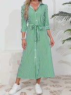 Women's Button-Up Midi Dress with Self-Tie Belt and Collar 1